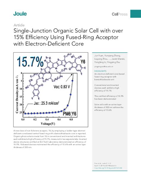 Single-Junction Organic Solar Cell with over 15% Cell Press.